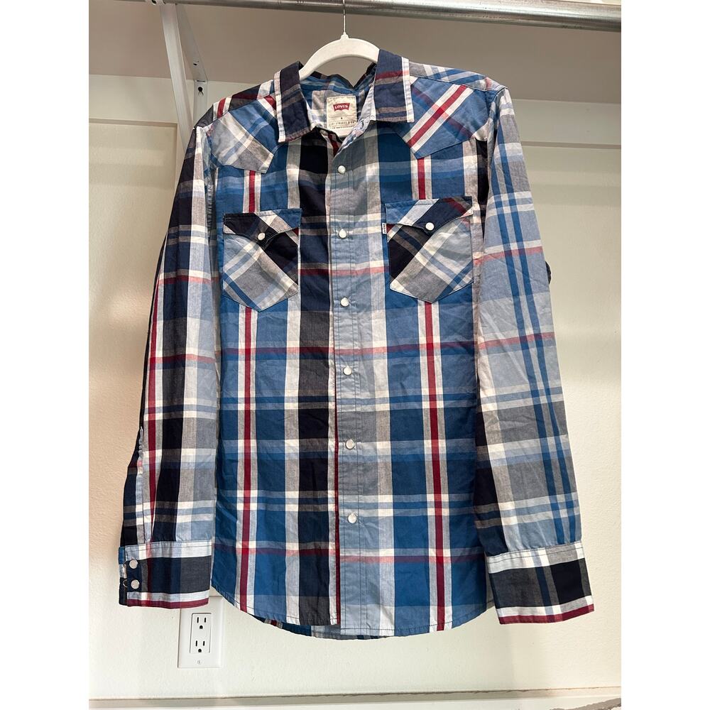 Levi's Pearl Snap Long Sleeve Shirt Men's Size Medium Red‎ Blue Plaid